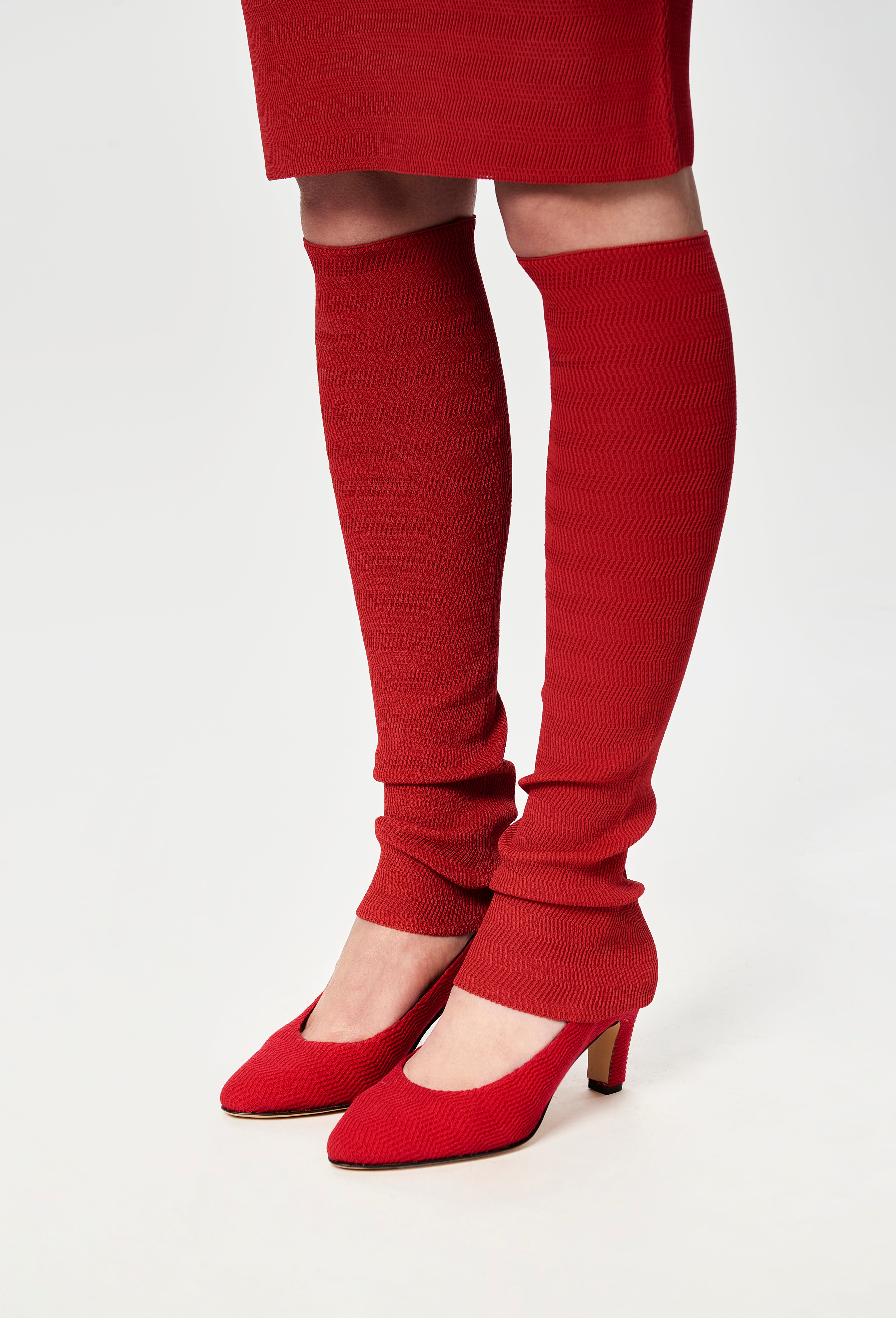 Geometric Rib-Knit Leg Warmers in Apple Red