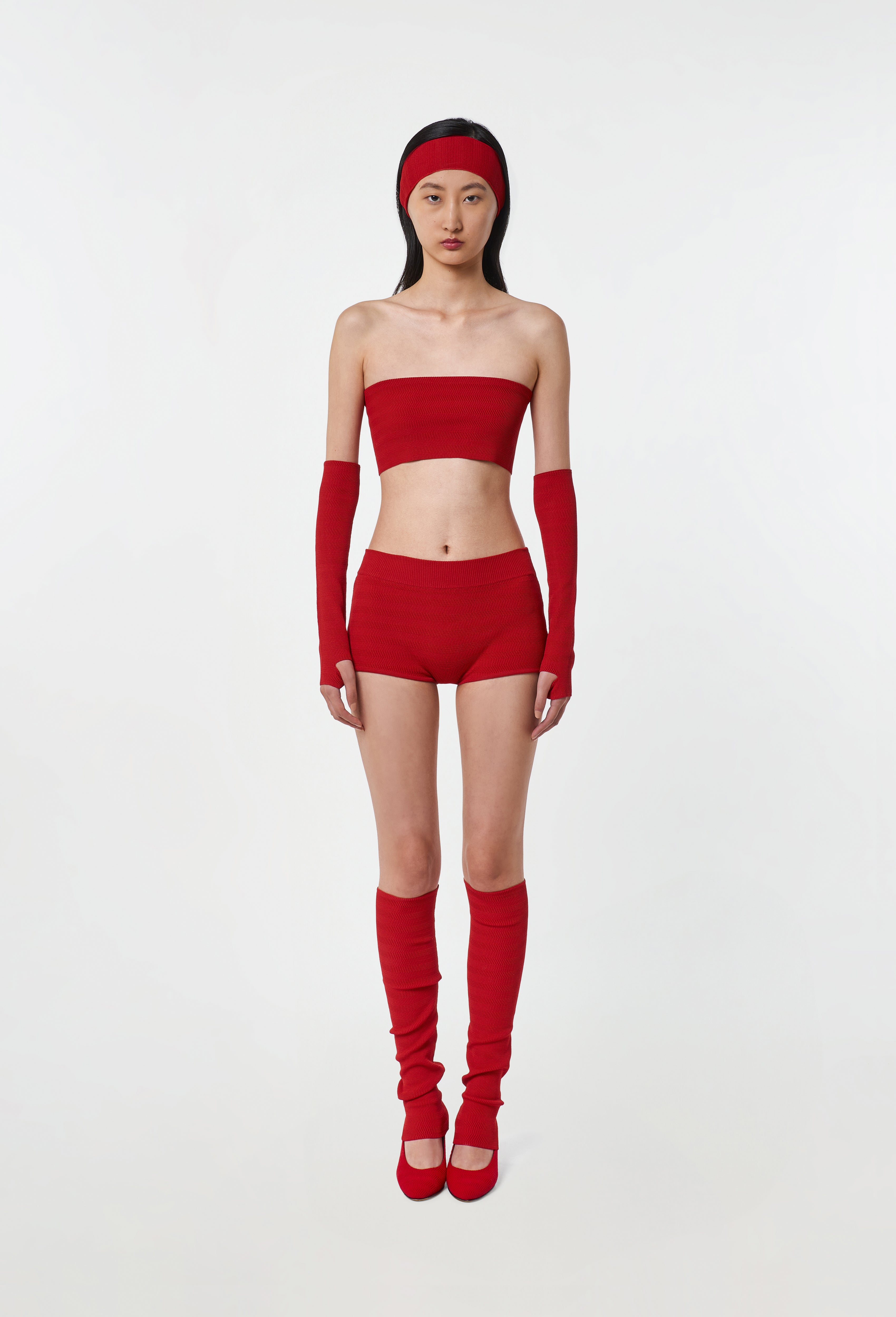 Geometric Rib-Knit Shorts in Apple Red
