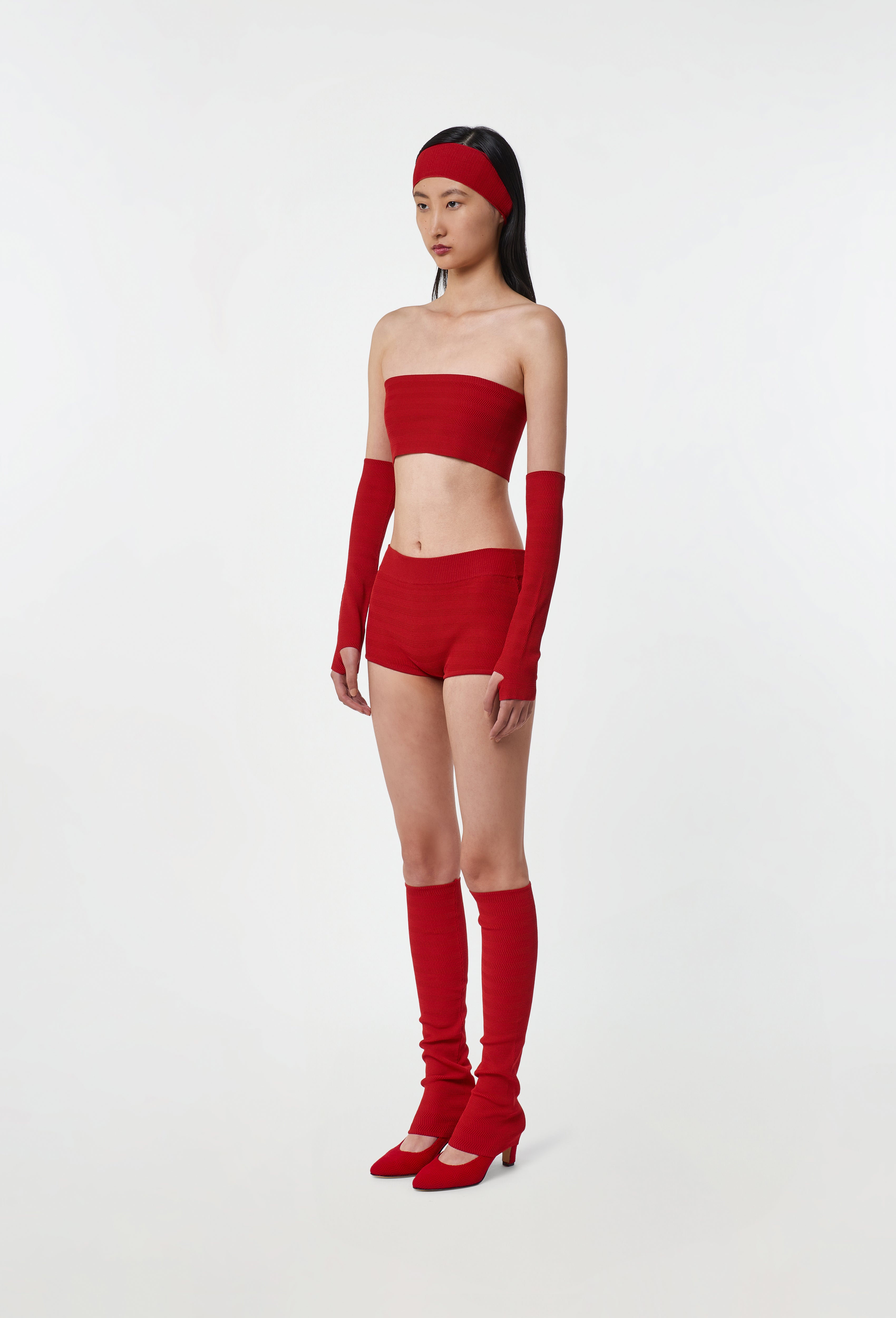 Geometric Rib-Knit Shorts in Apple Red