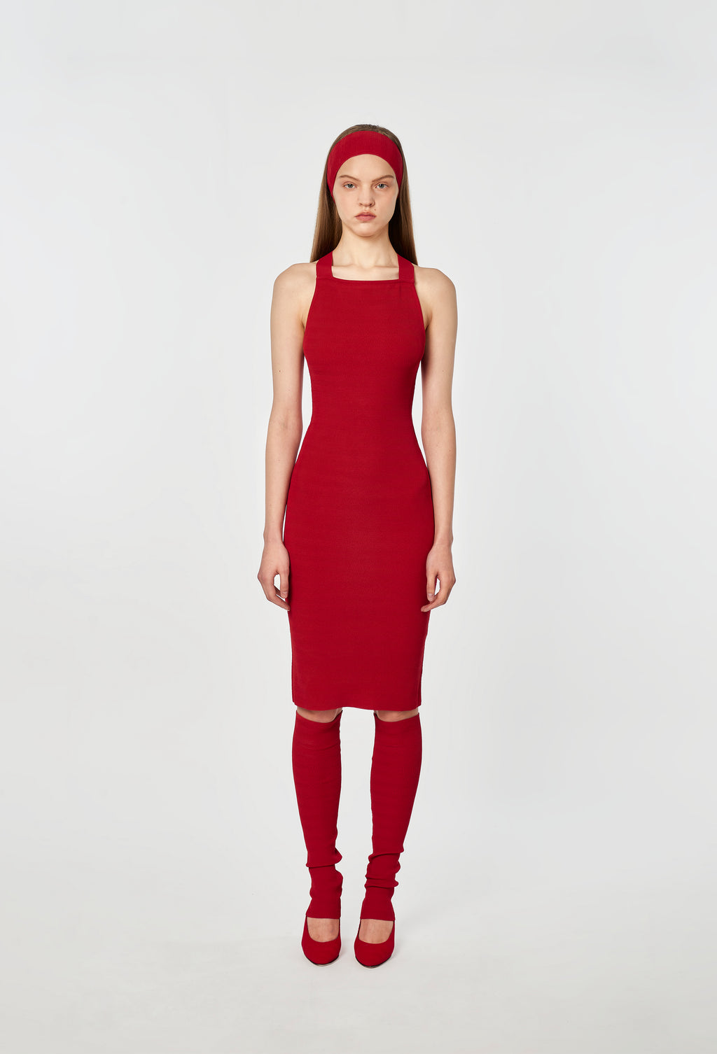 Geometric Rib-Knit Dungaree Dress in Apple Red