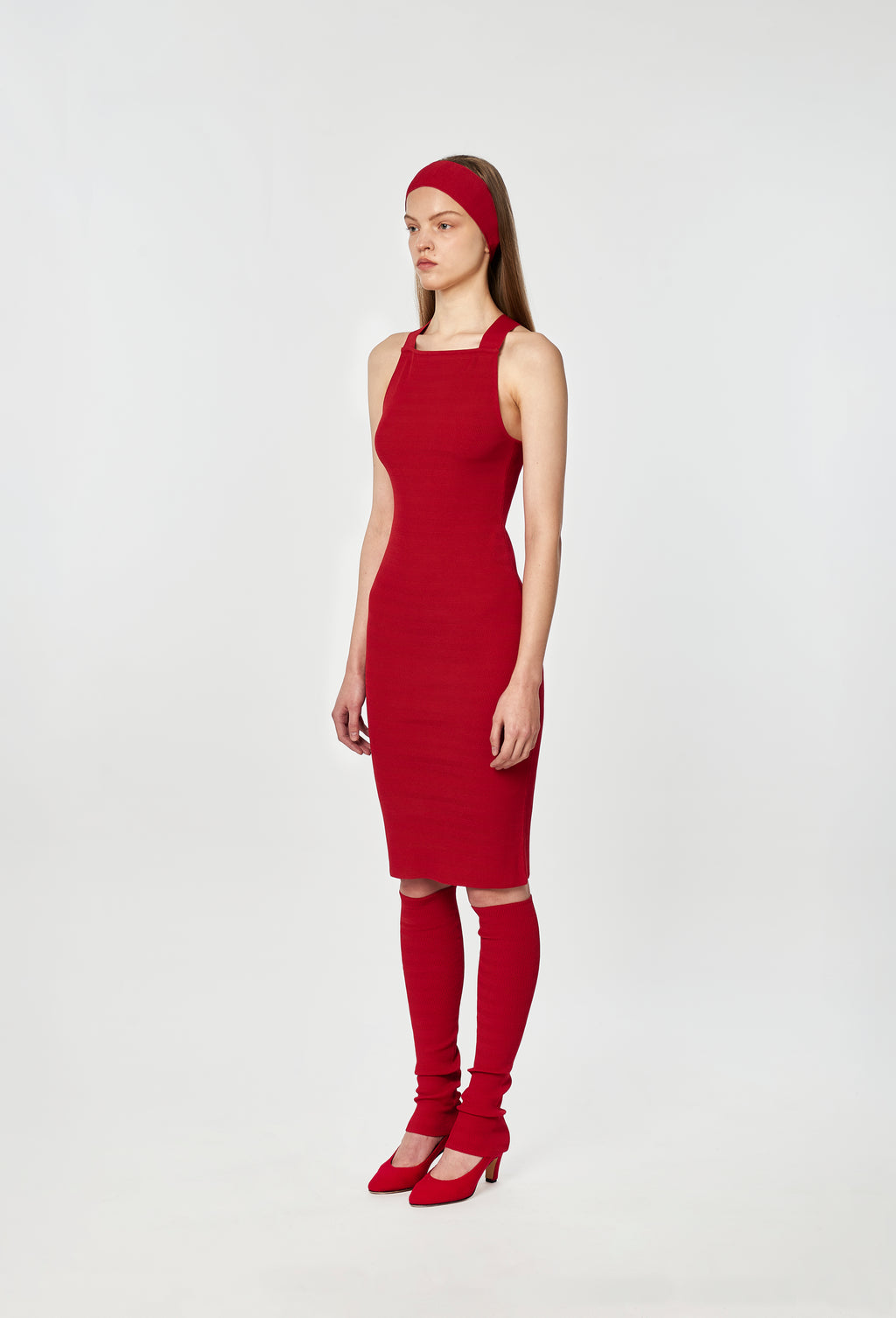 Geometric Rib-Knit Dungaree Dress in Apple Red