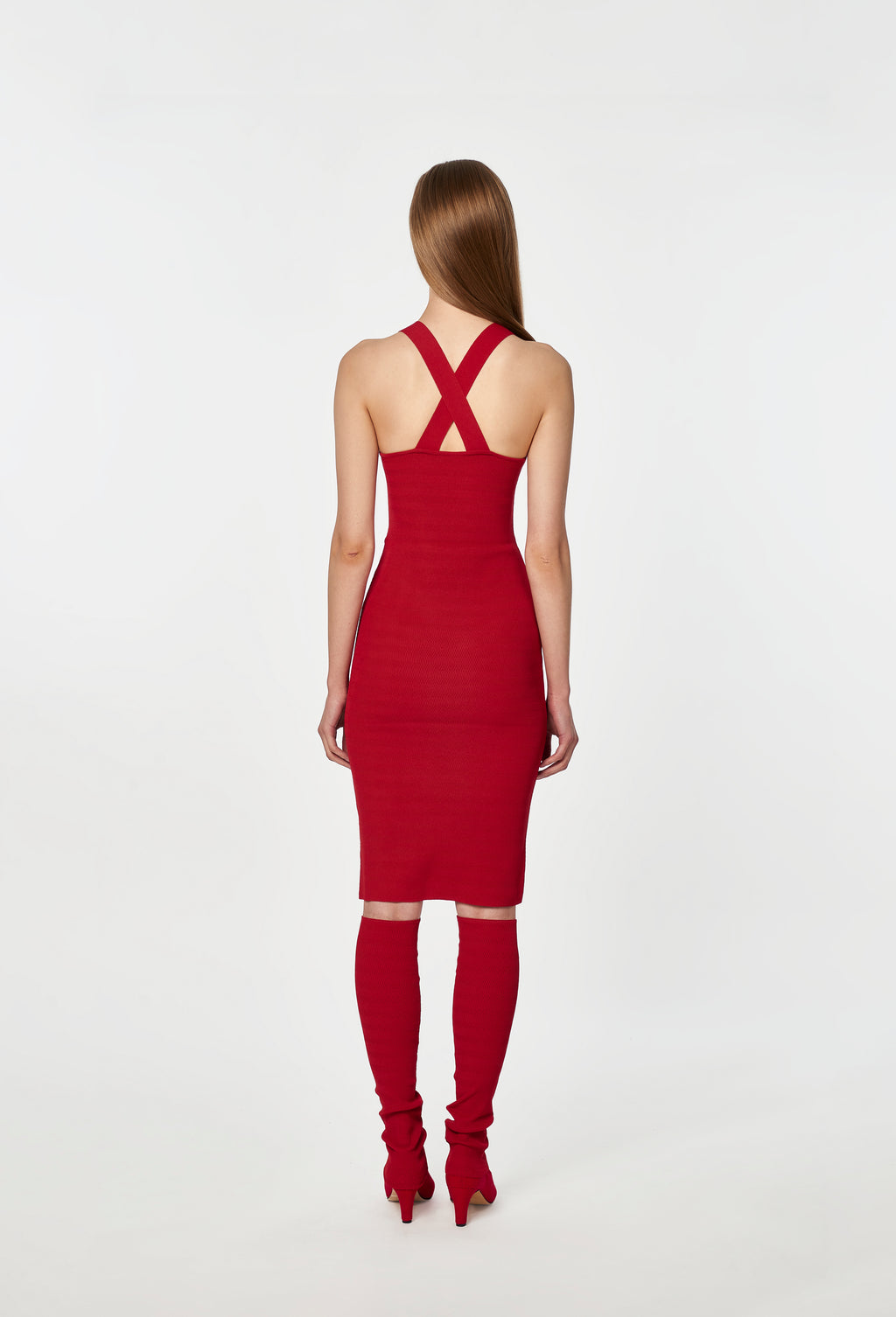Geometric Rib-Knit Dungaree Dress in Apple Red
