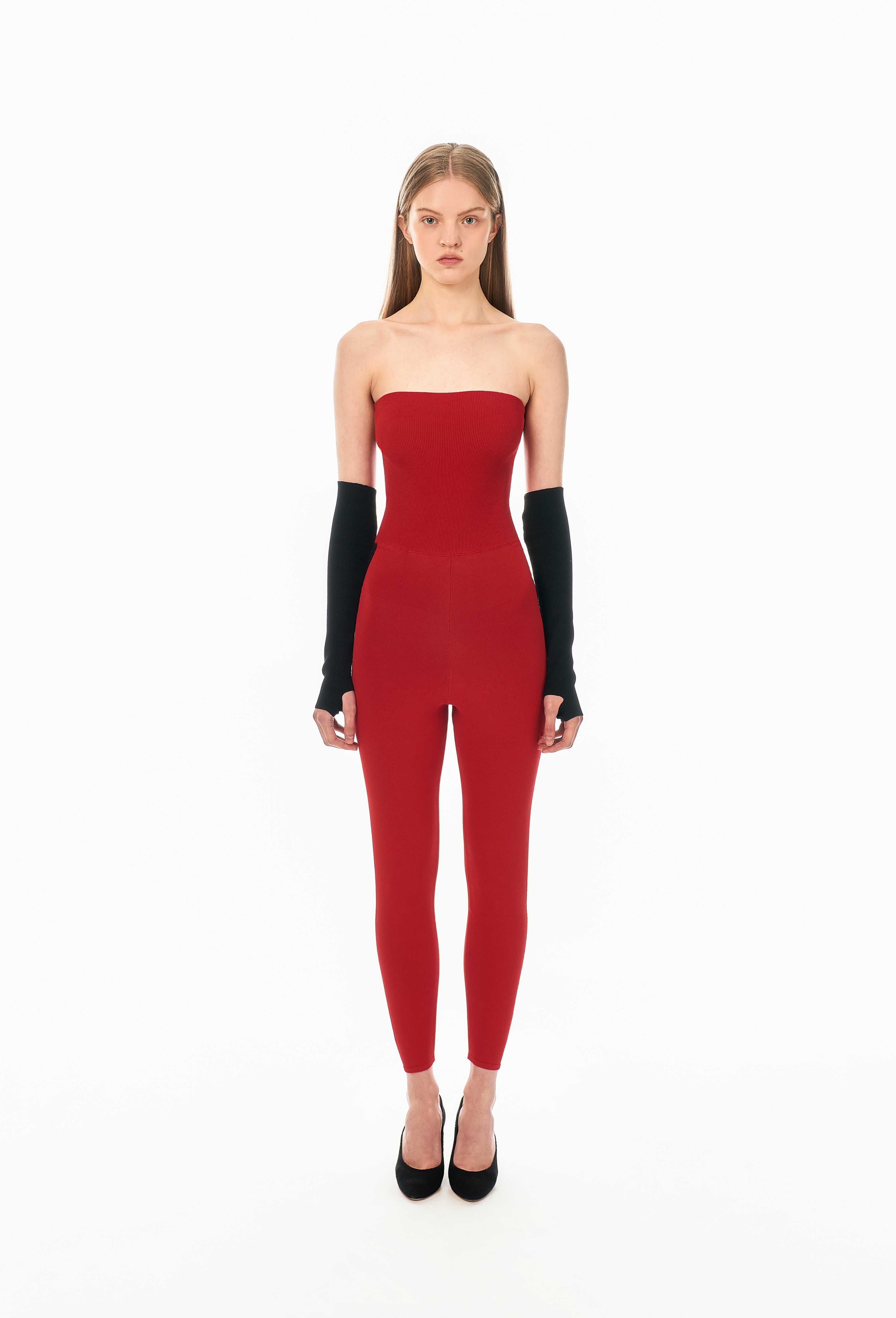 Knit Tube Jumpsuit in Apple Red with Black Side Band