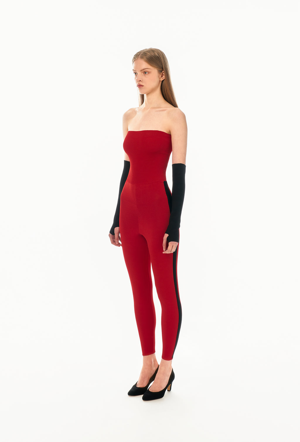 Knit Tube Jumpsuit in Apple Red with Black Side Band