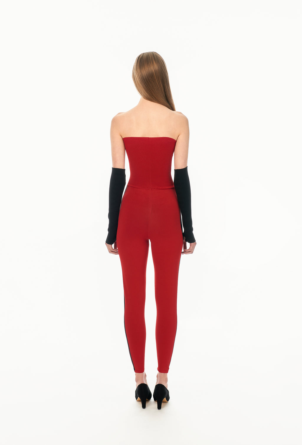 Knit Tube Jumpsuit in Apple Red with Black Side Band