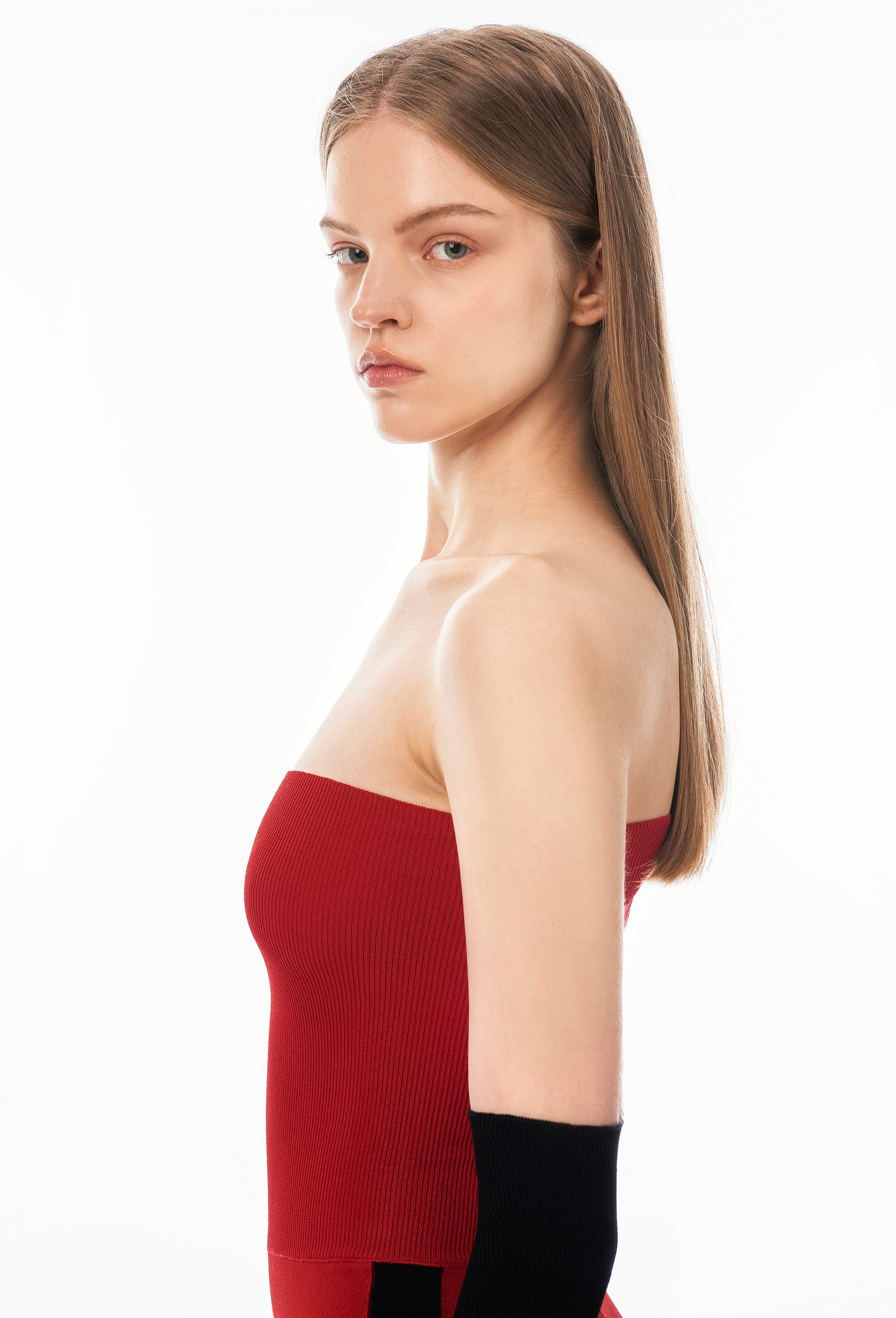 Knit Tube Jumpsuit in Apple Red with Black Side Band