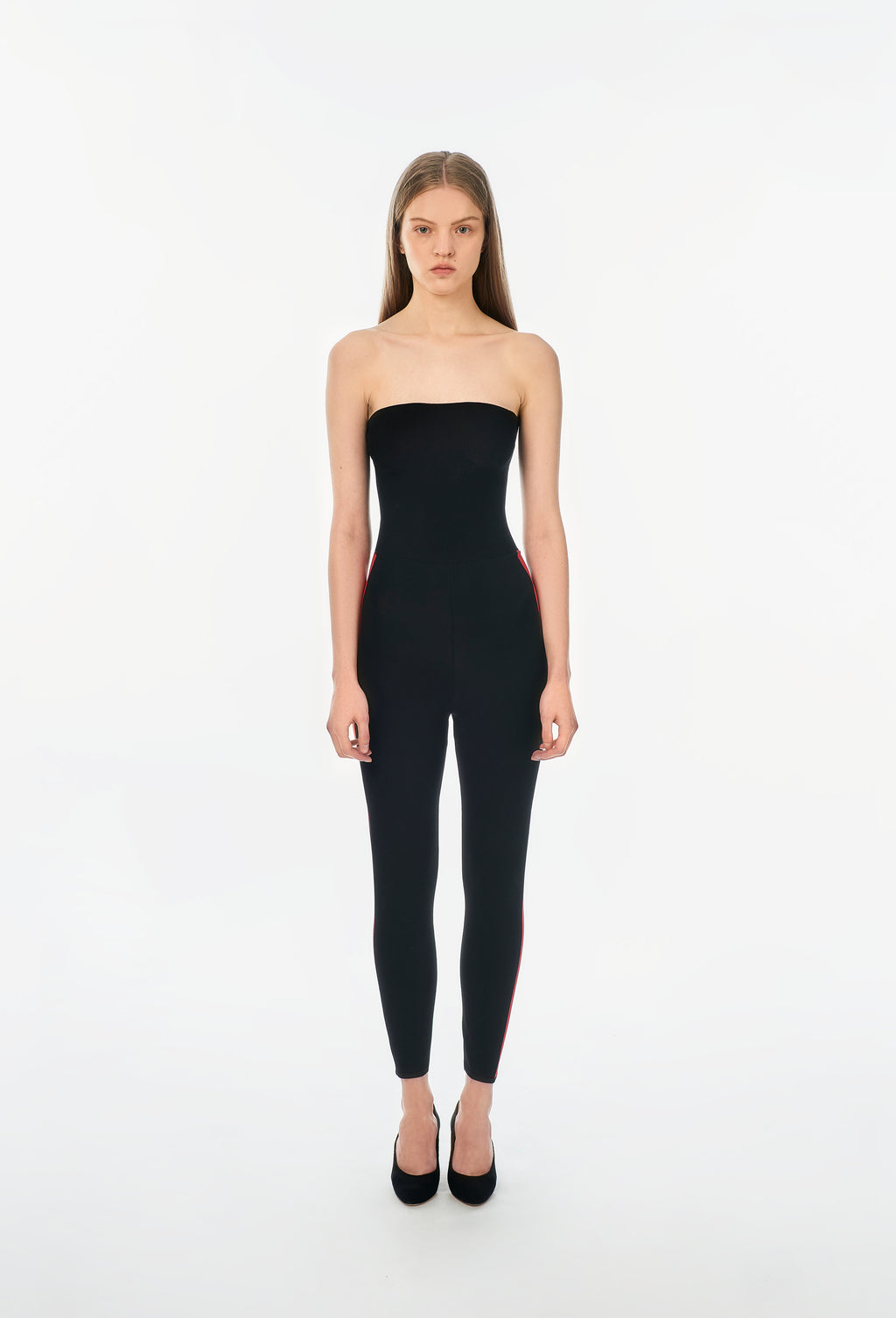 Knit Tube Jumpsuit in Black with Apple Red Side Band