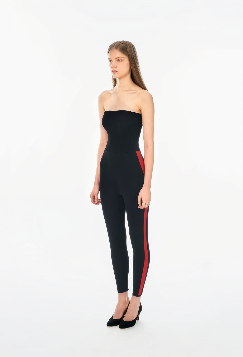 Knit Tube Jumpsuit in Black with Apple Red Side Band