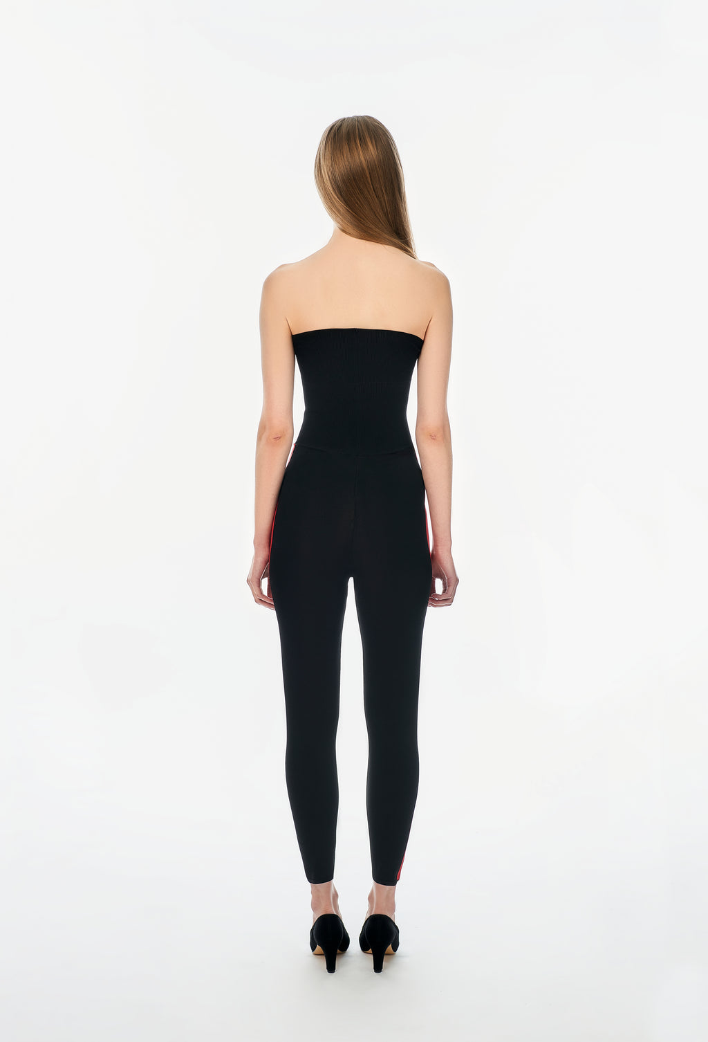 Knit Tube Jumpsuit in Black with Apple Red Side Band