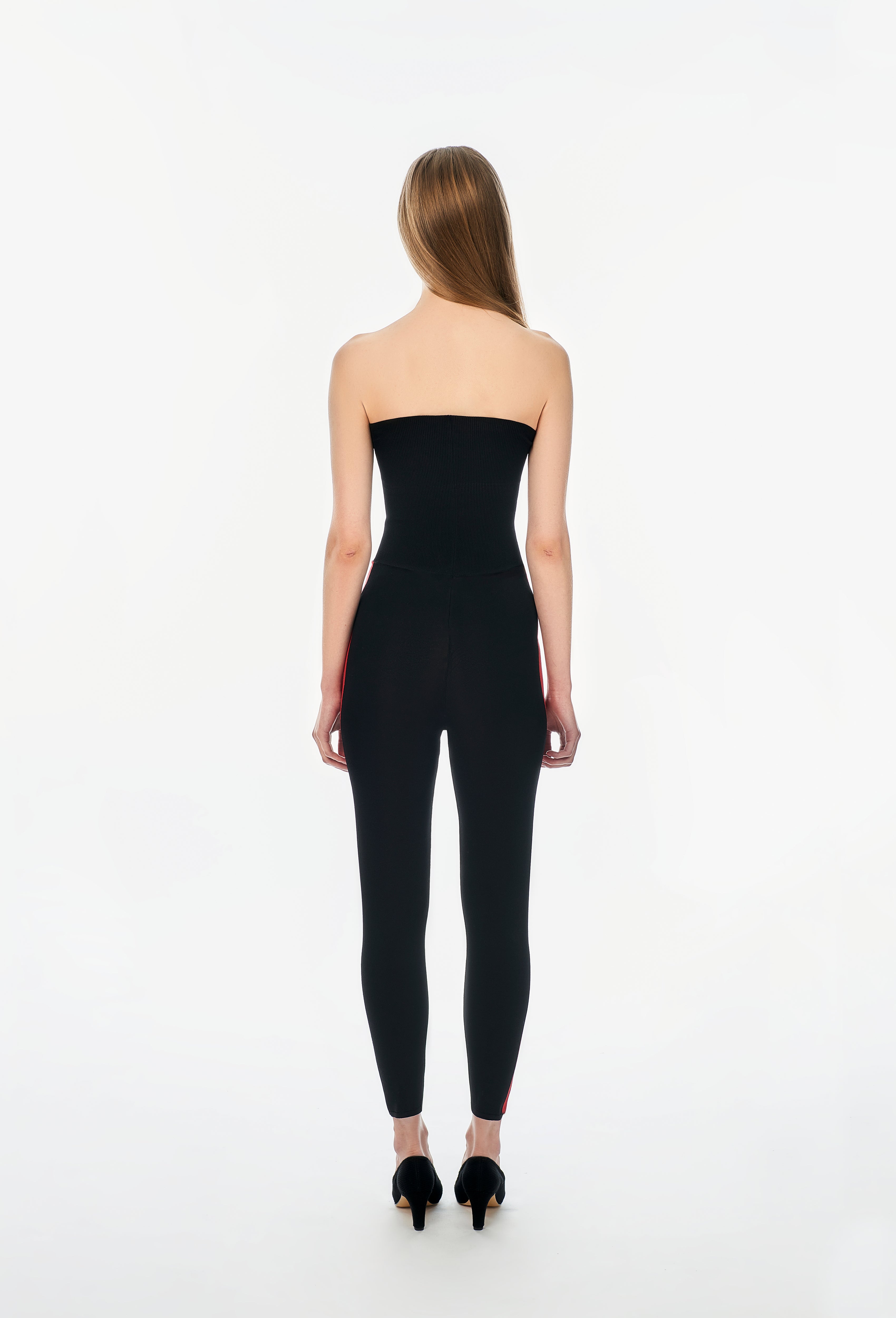 Knit Tube Jumpsuit in Black with Apple Red Side Band