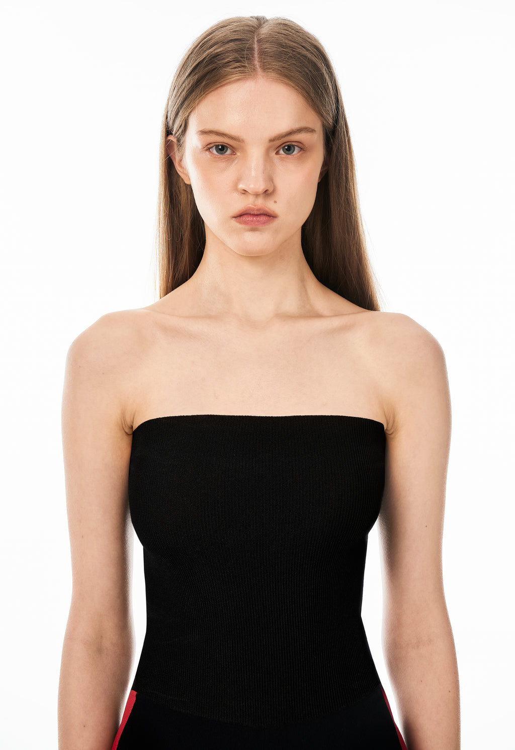 Knit Tube Jumpsuit in Black with Apple Red Side Band