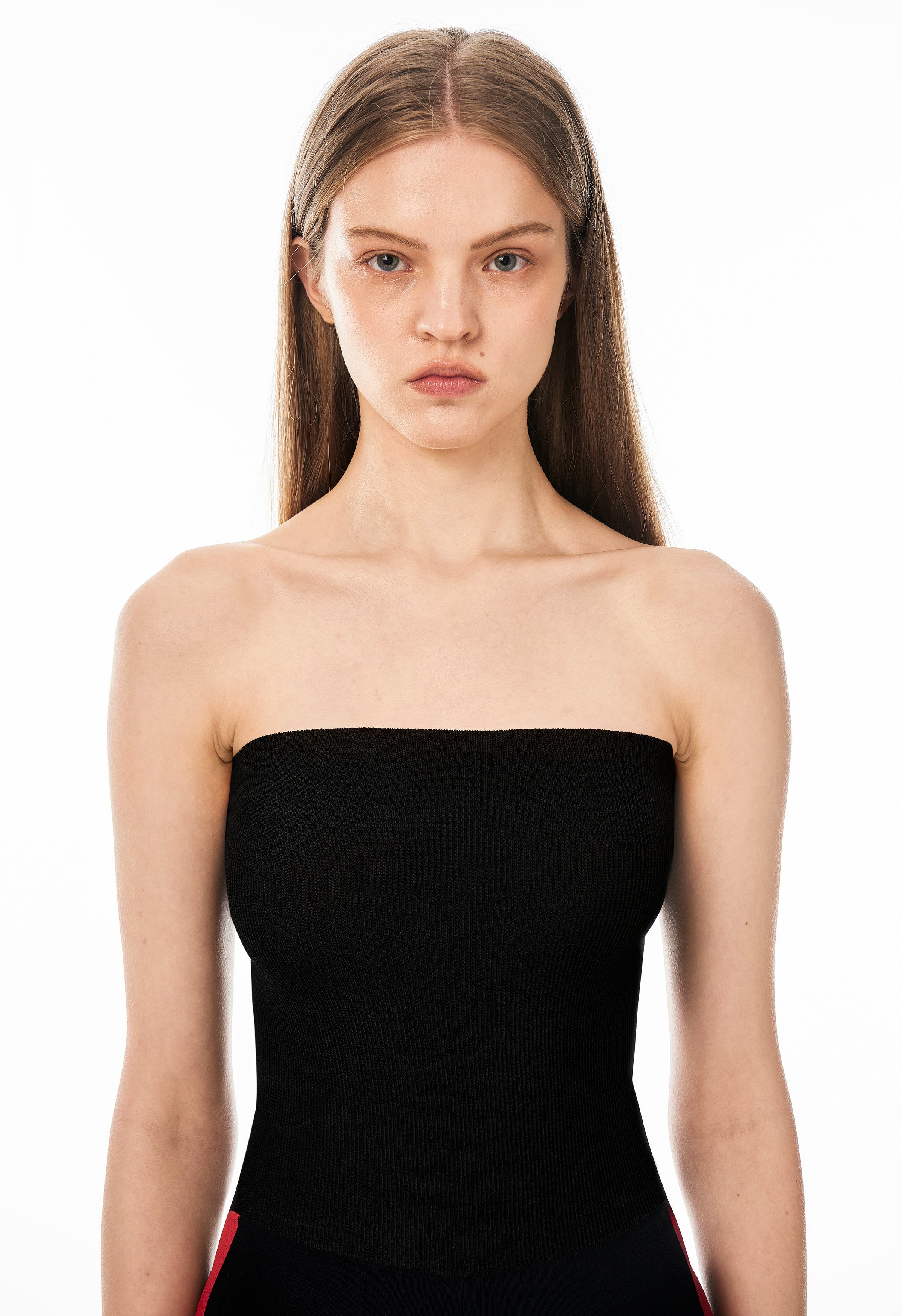 Knit Tube Jumpsuit in Black with Apple Red Side Band