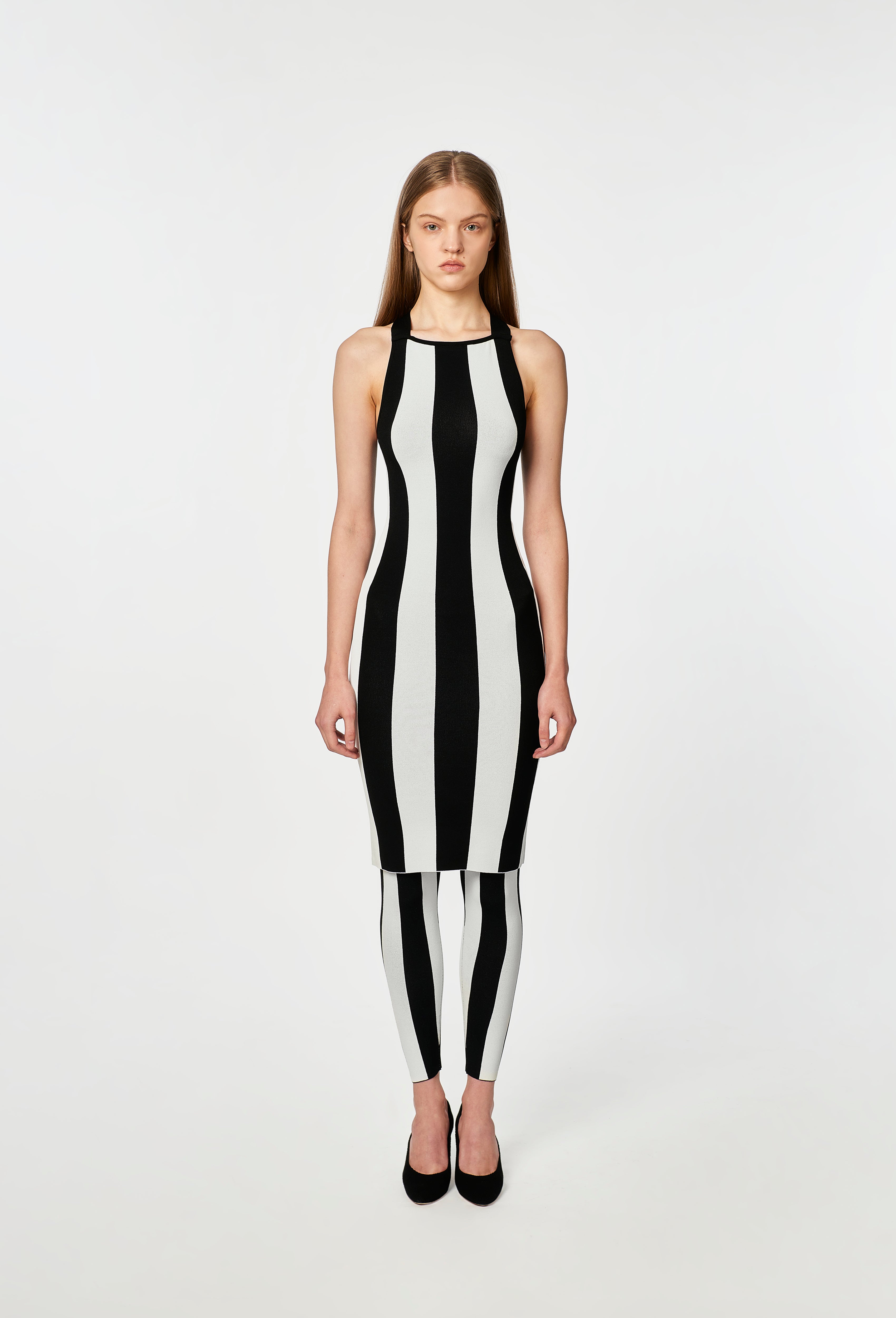Knit Striped Dungaree Dress in Black and White