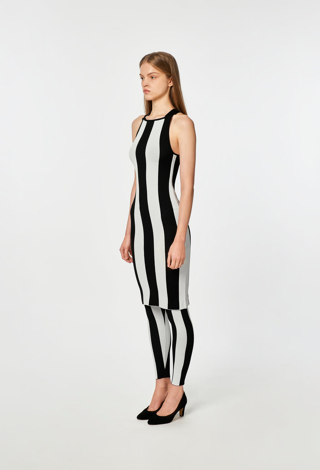 Knit Striped Dungaree Dress in Black and White