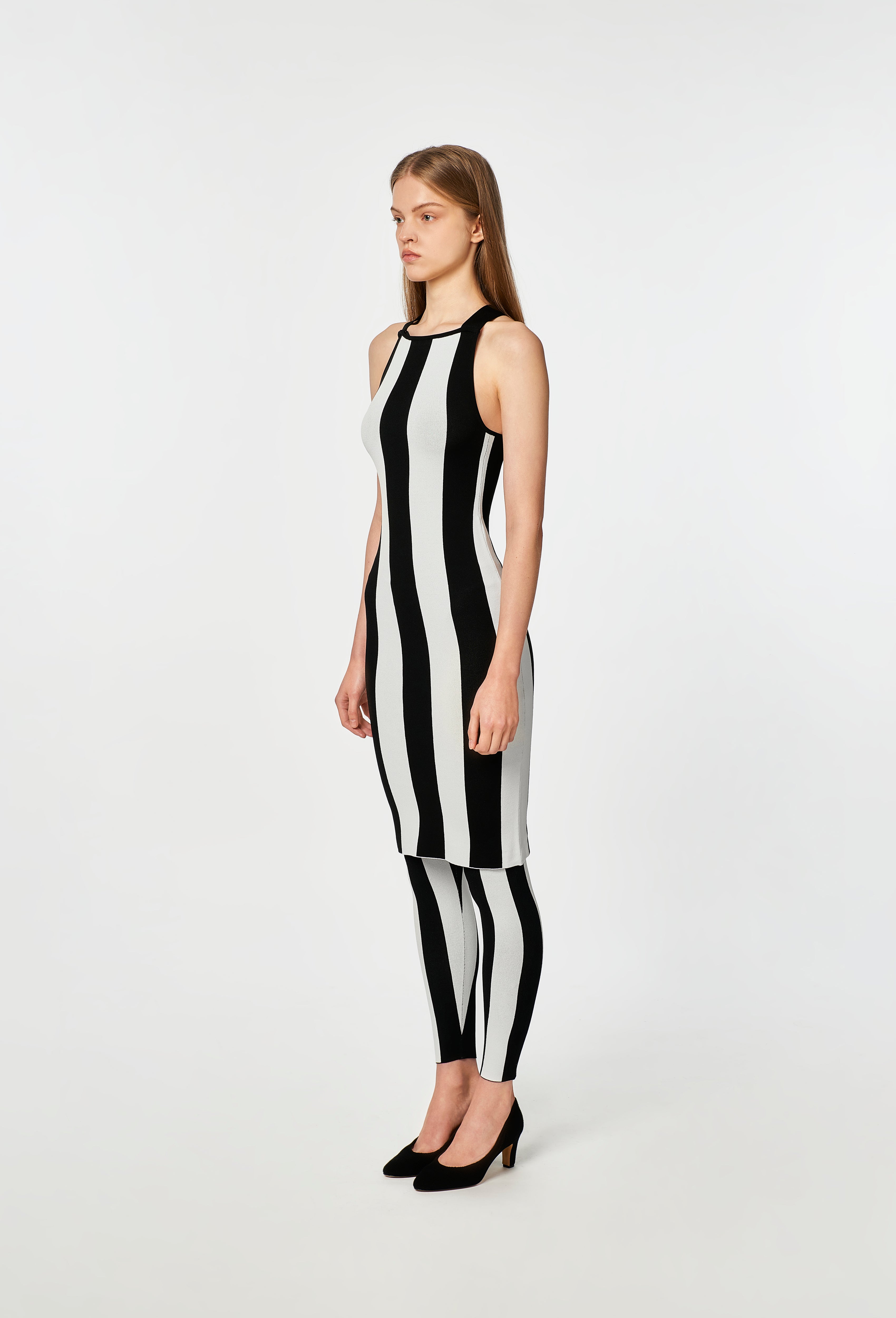 Knit Striped Dungaree Dress in Black and White