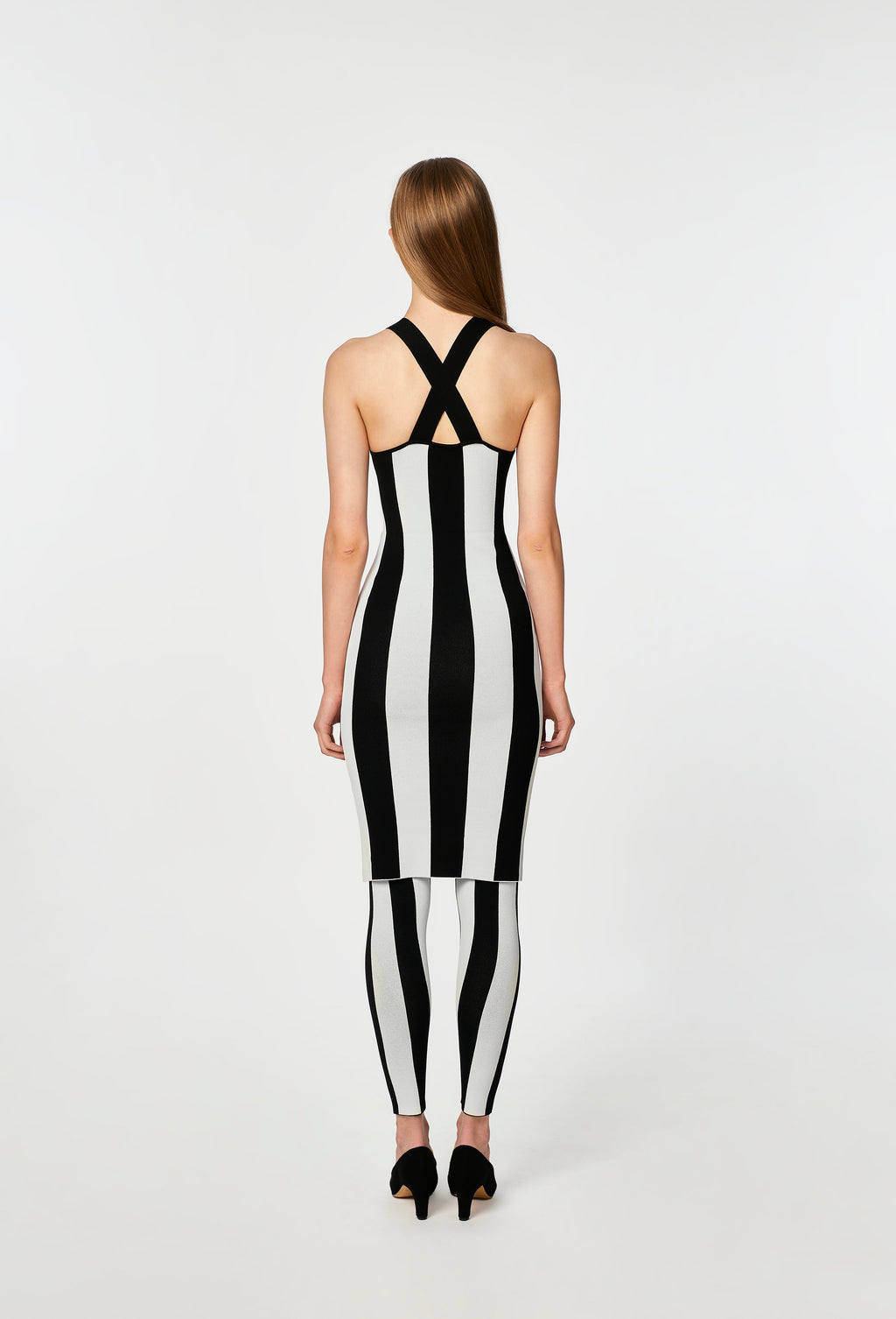 Knit Striped Dungaree Dress in Black and White