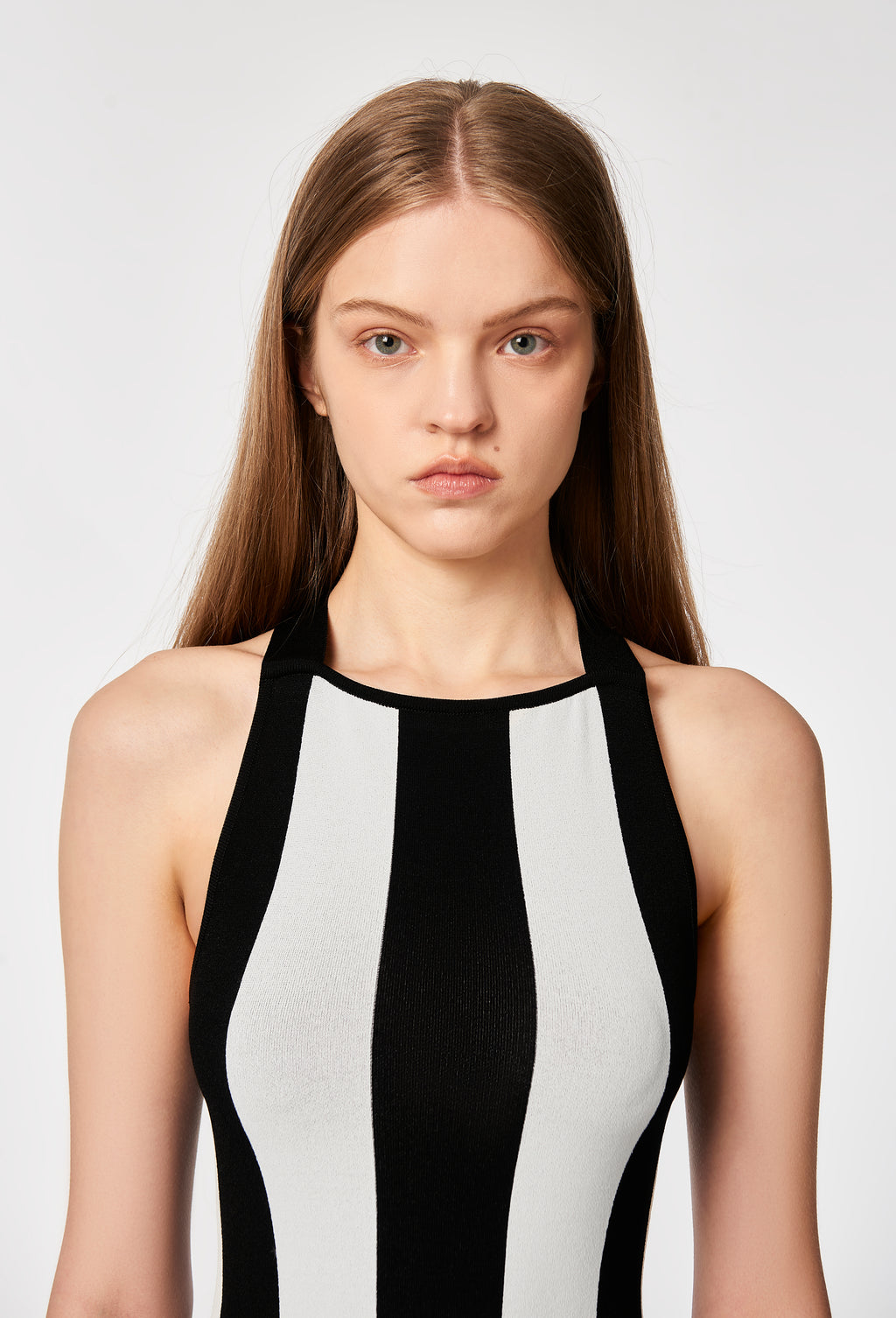 Knit Striped Dungaree Dress in Black and White