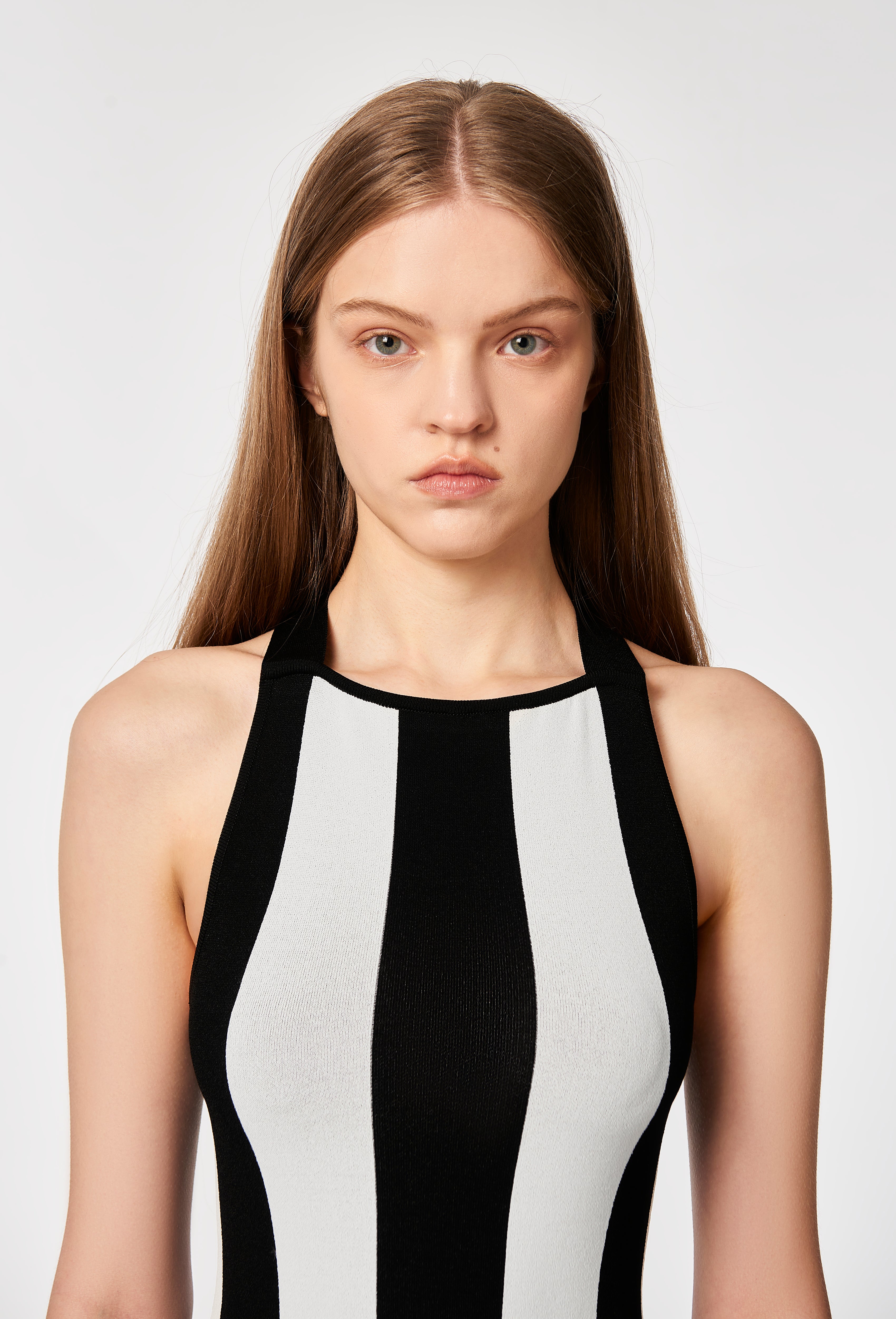 Knit Striped Dungaree Dress in Black and White