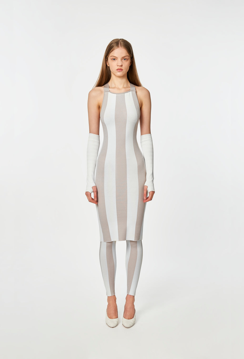 Knit Striped Dungaree Dress in Silver and White