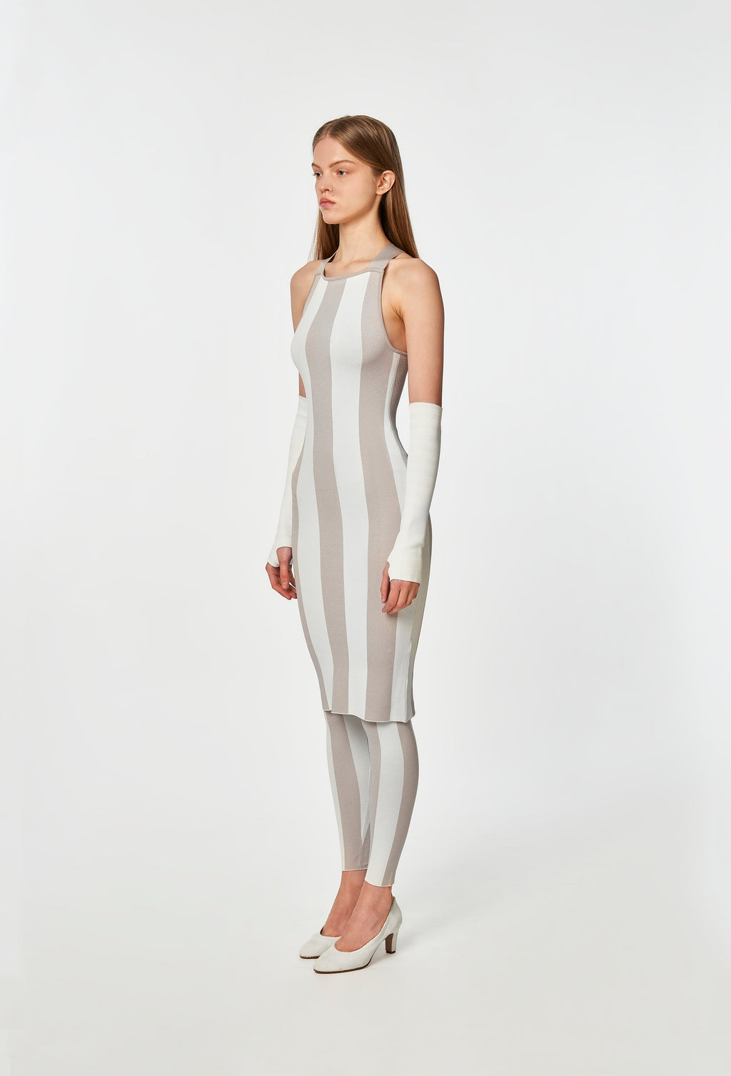 Knit Striped Dungaree Dress in Silver and White