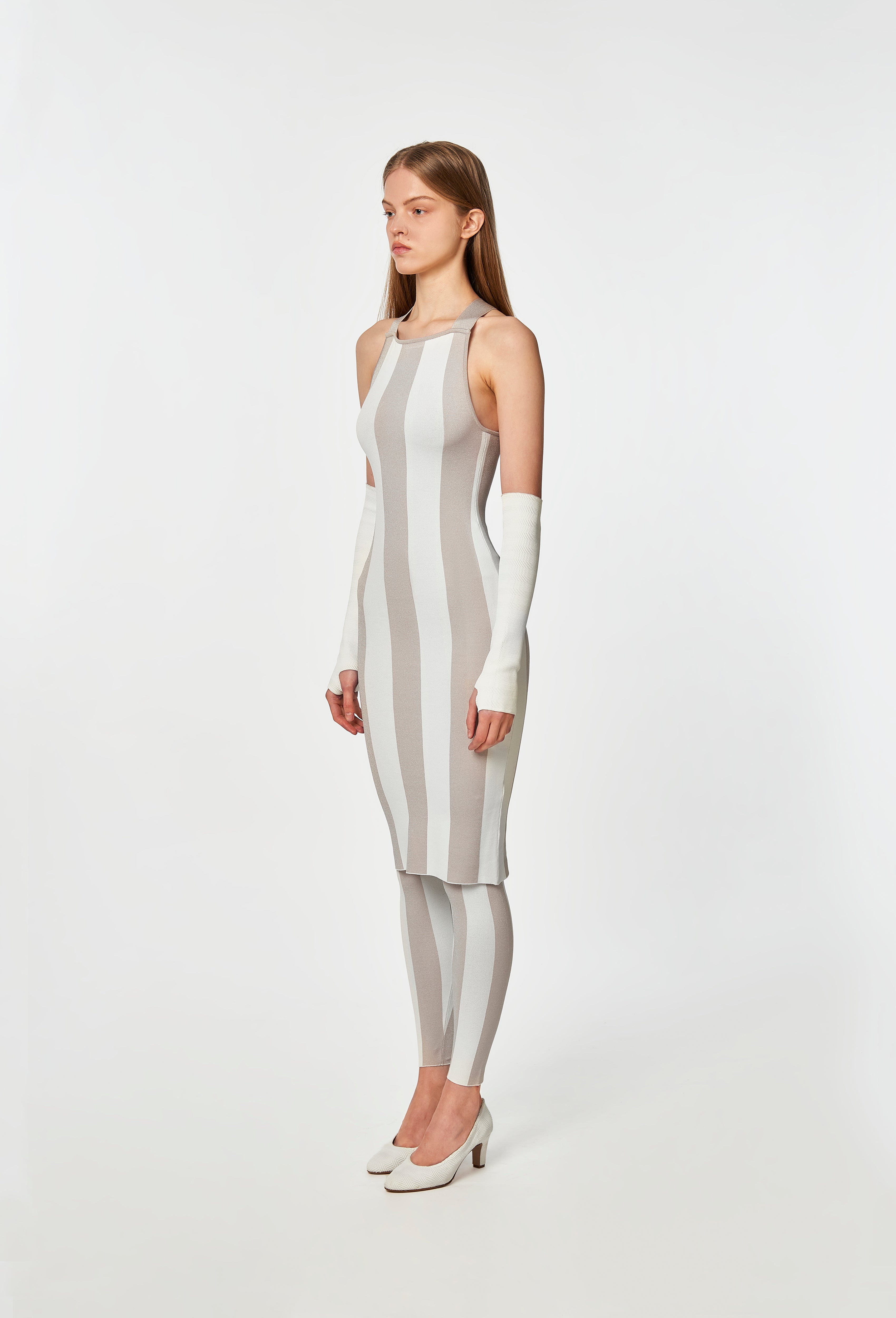 Knit Striped Dungaree Dress in Silver and White