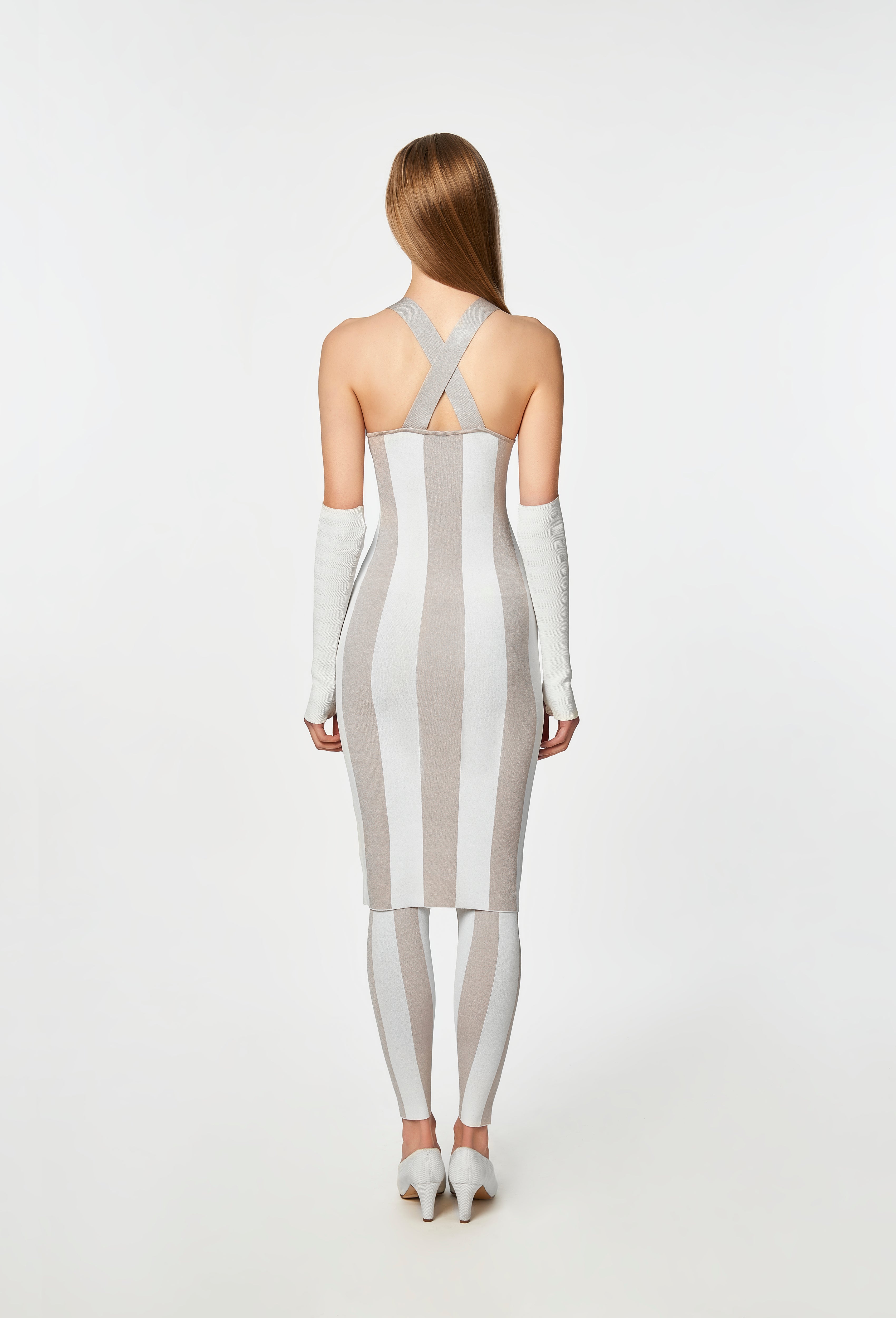 Knit Striped Dungaree Dress in Silver and White